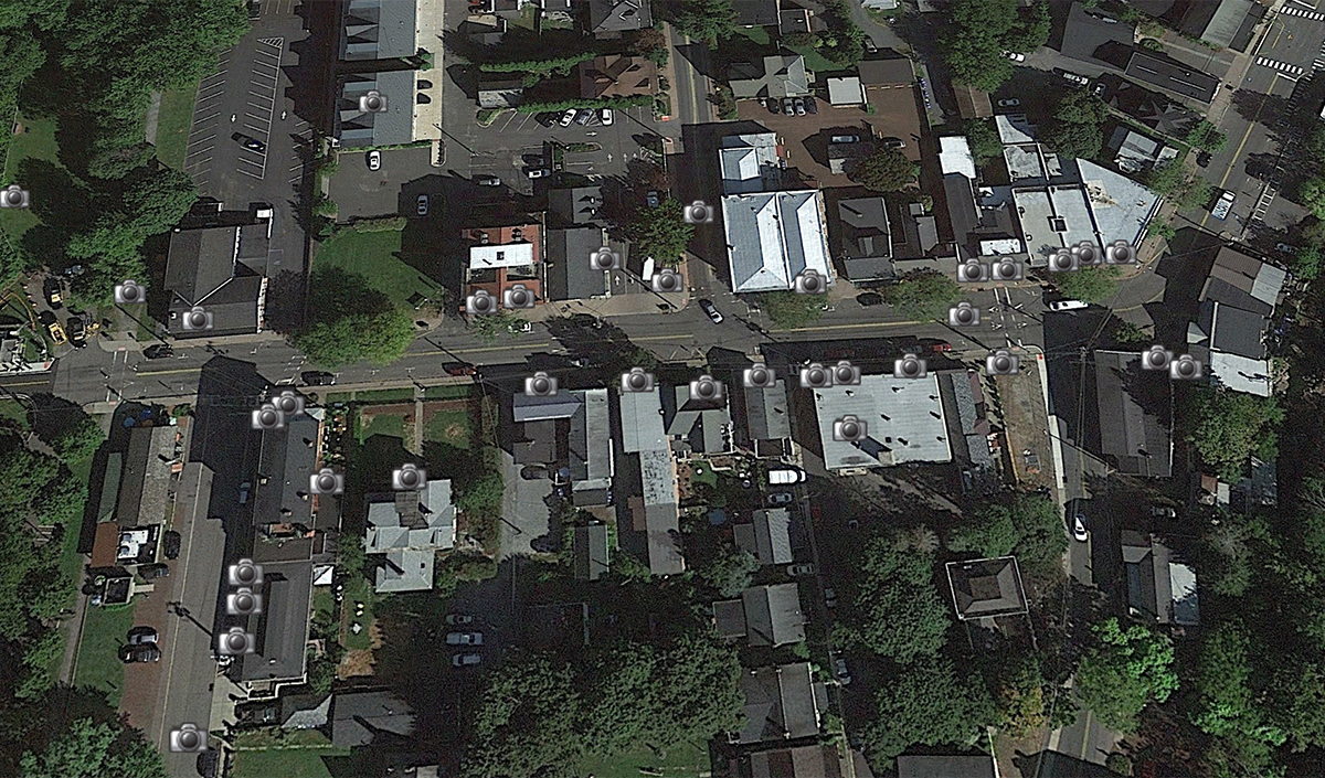 Bridge Street as seen on Google Earth with camera icons showing photo locations.